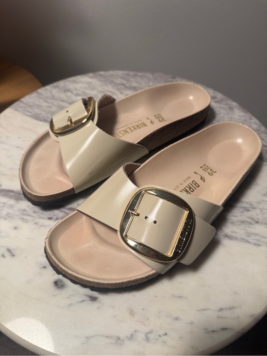 Birkenstock Shoes - Birkenstock Womens Cream Patent Madrid Buckle Slide Sandals
